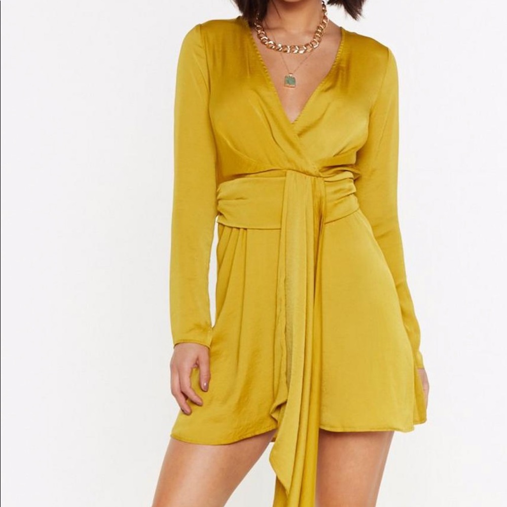 Satin Long Sleeve Drape Mini Dress